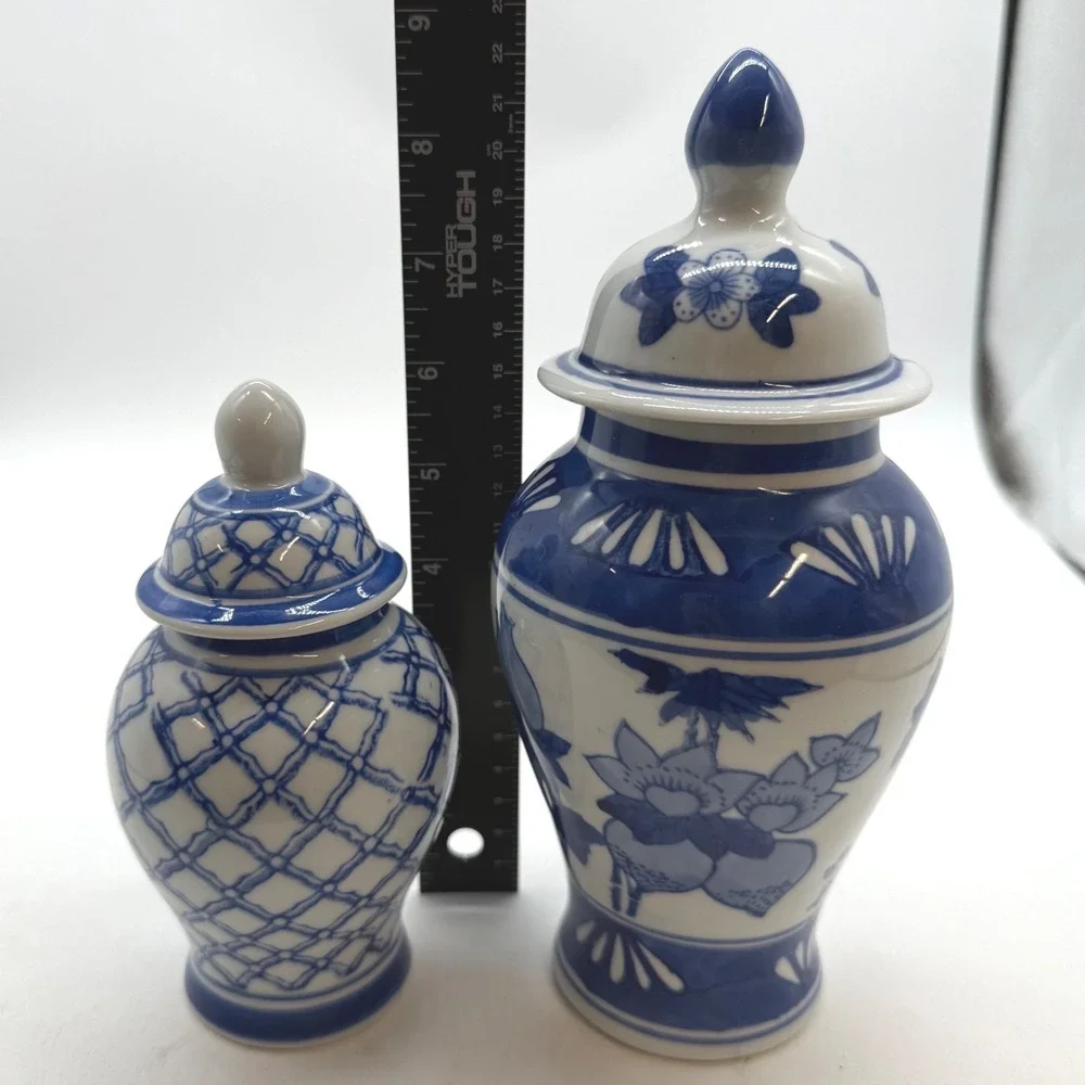 Vintage Blue and White Ceramic Ginger Jars Set of 2 Floral Lattice Chinoiserie